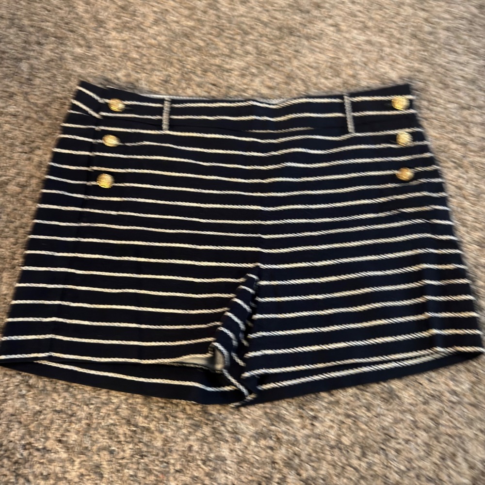 Cynthia Rowley Navy Blue White Striped Sailor Shorts Gold Buttons Womens Size 2